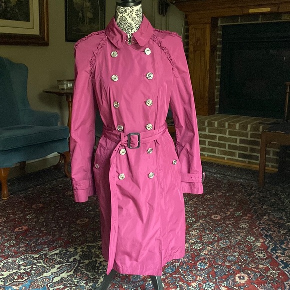 BURBERRY Magenta Purple Nylon Ruffle Trim Double Breasted Trench Coat